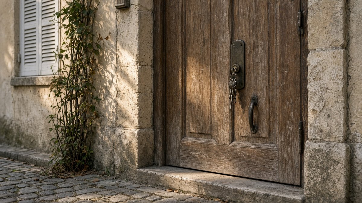 Porte en bois d'une maison de ville avec un trousseau dans la serrure