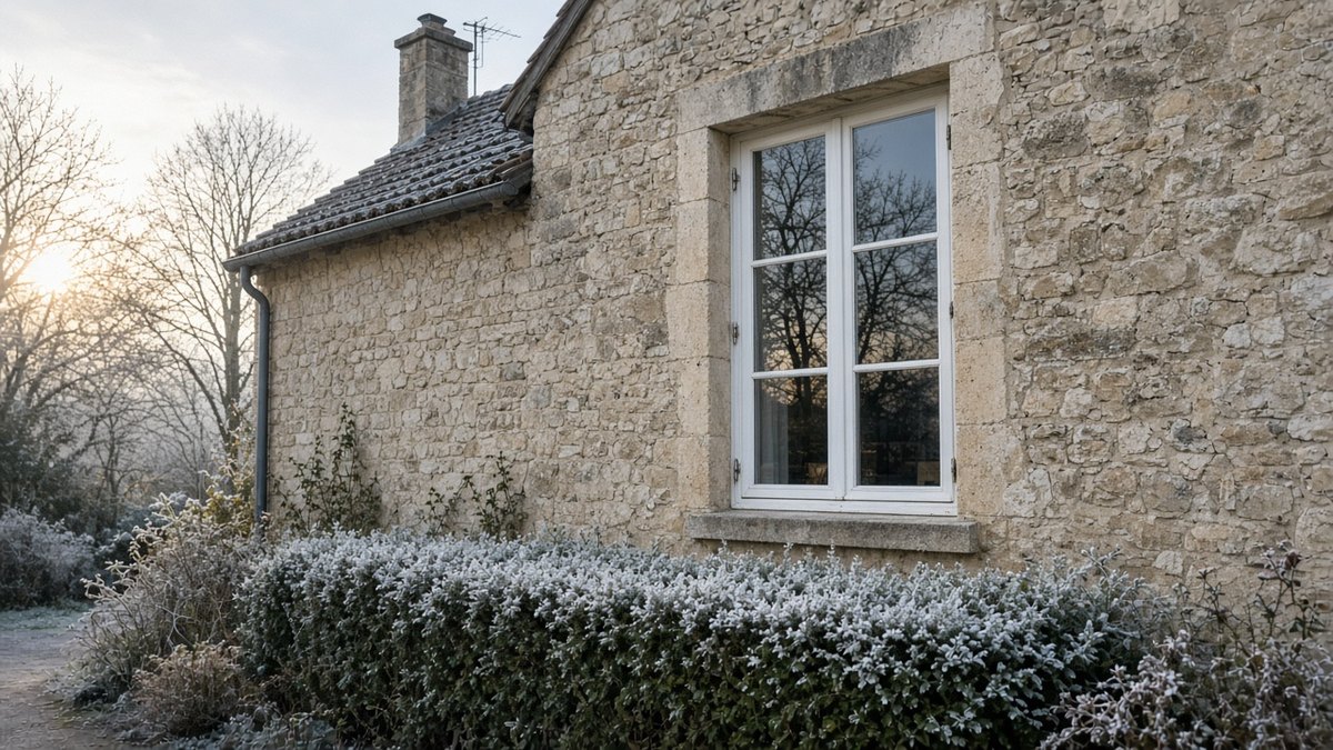 Maison ancienne en pierre aux fenêtres récentes, lumière d'hiver