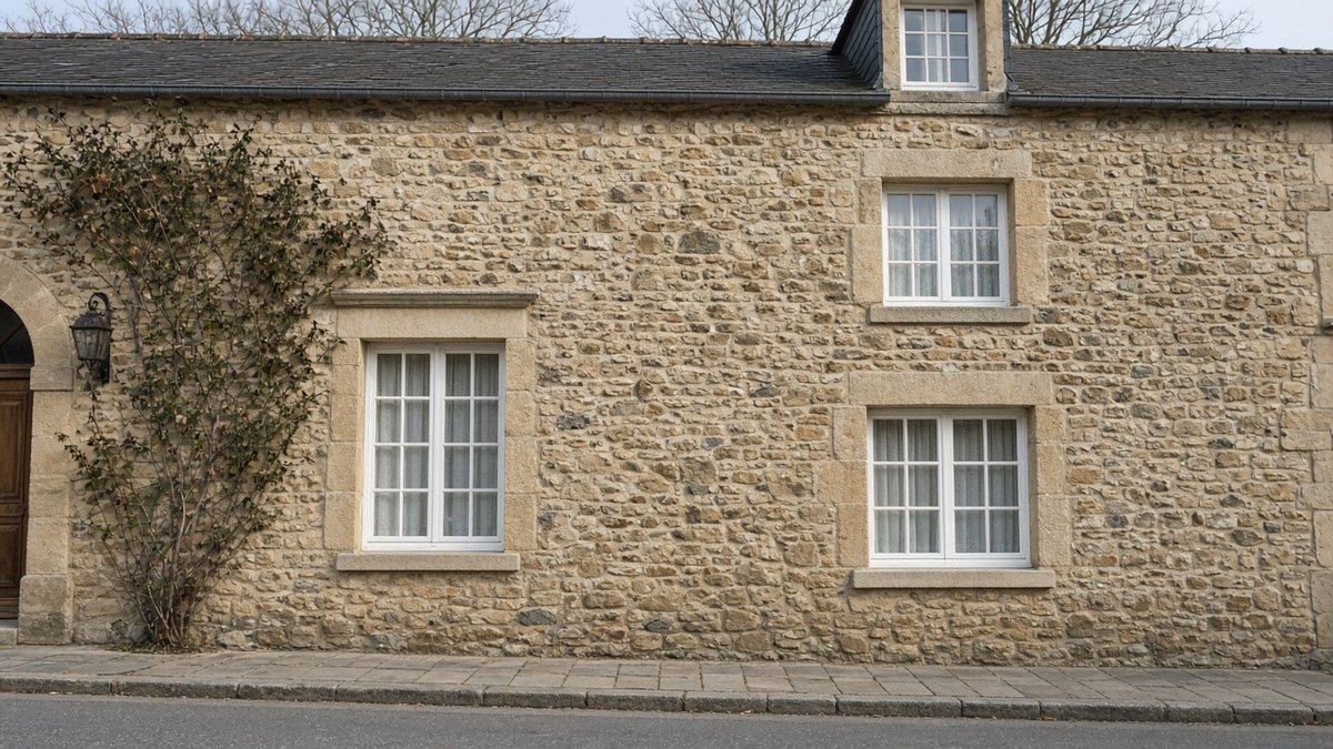 Façade de maison en pierre, fenêtres blanches, rue calme en hiver