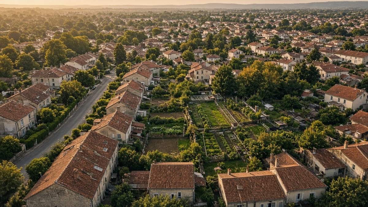 Toits et parcelles d'un quartier français vus du ciel