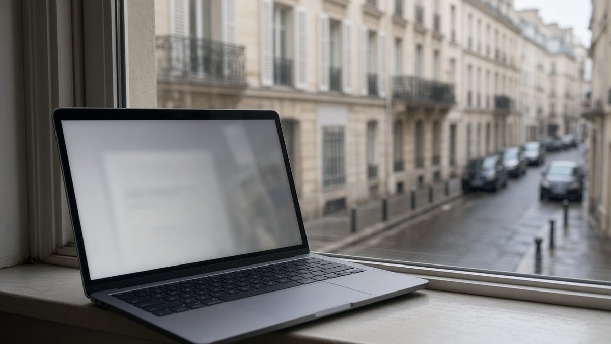 Ordinateur portable sur un appui de fenêtre, écran flou face à la rue