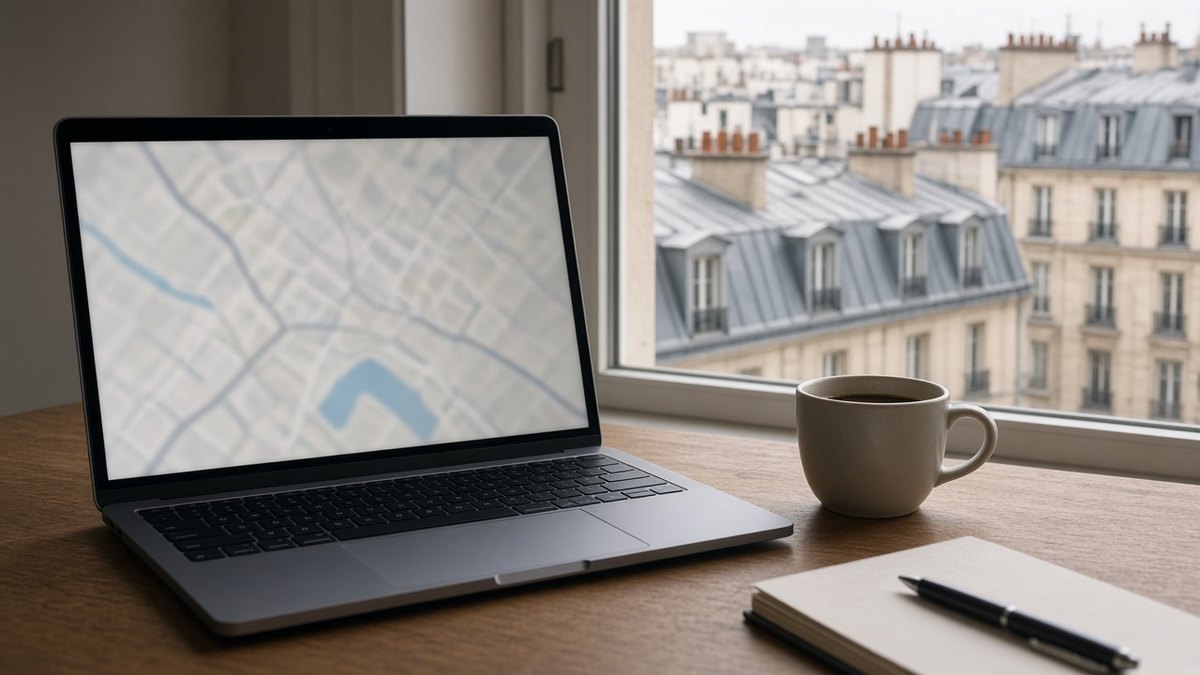Ordinateur ouvert le matin devant des toits, écran de carte flou