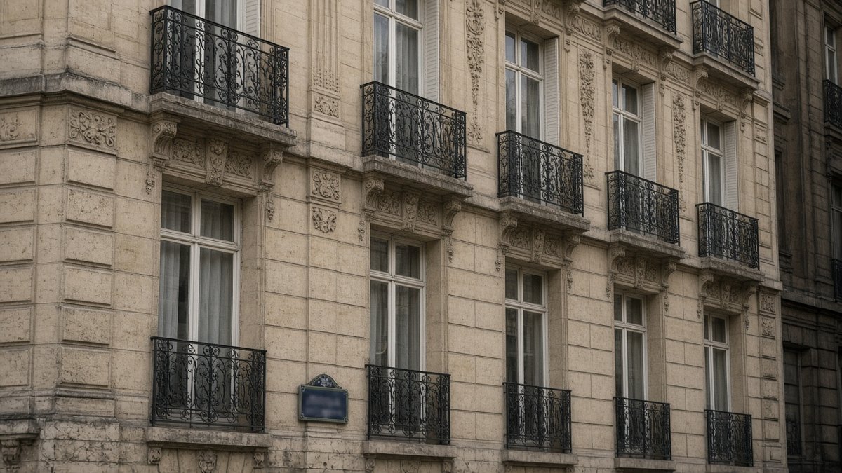 Façade d'immeubles en pierre à Paris, numéro de rue illisible