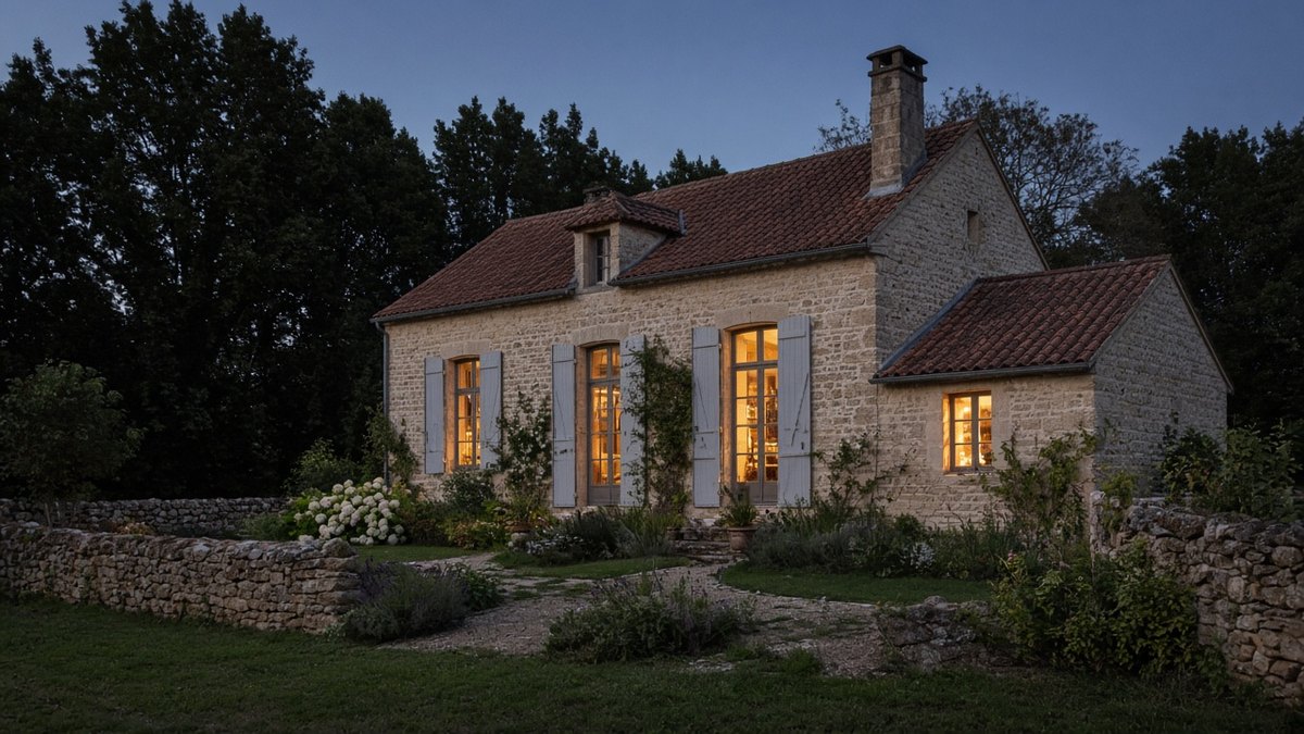 Maison avec jardin et toit de tuiles à la tombée du jour