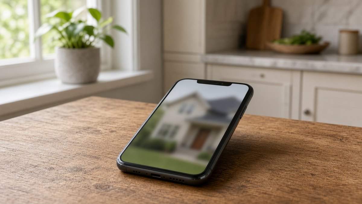 Téléphone sur une table de cuisine, annonce immobilière floue à l'écran