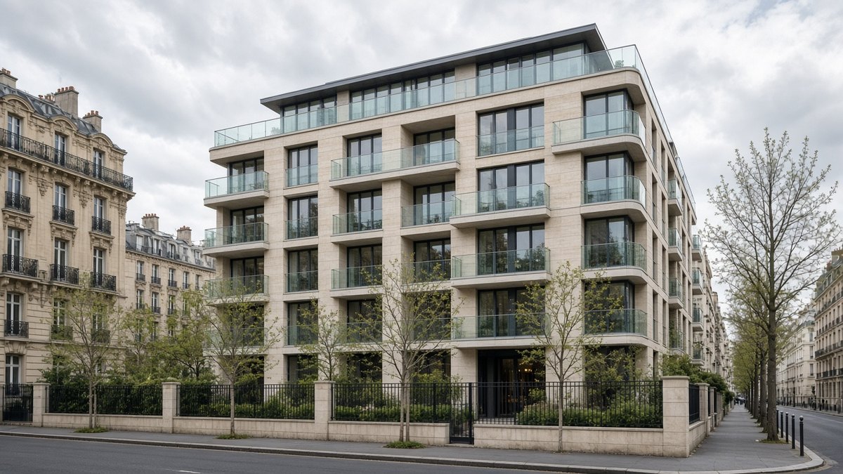 Immeuble résidentiel récent en pierre claire dans une rue calme