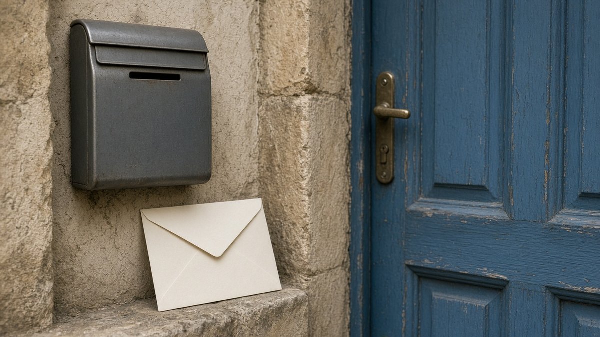 Boîte aux lettres et porte d'entrée, enveloppe sans nom